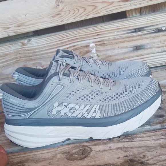Hoka Bondi 7 Gray and White Athletic Shoes with Maximalist Cushioning - Picture 11 of 14